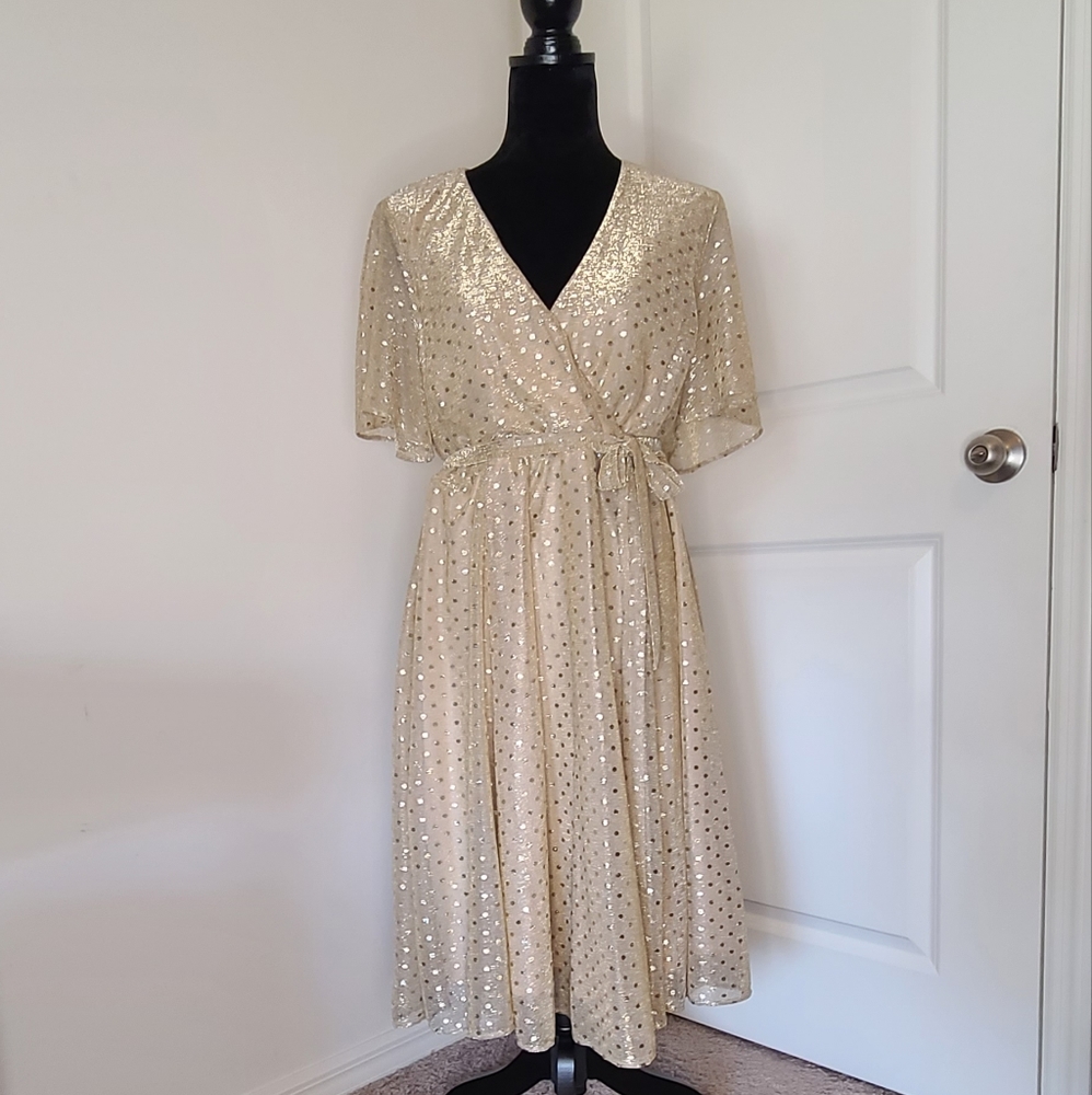 GOLD METALLIC POLKA DOT MESH WRAP DRESS **New**